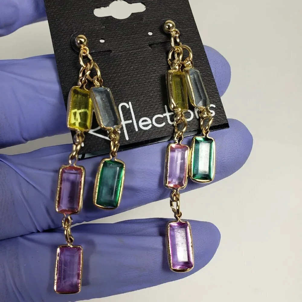 Gold tone Chain Drop Earrings Multicolor Crystal Dangles Stylish Women's Jewelry